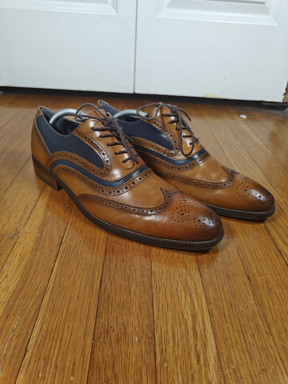 Moretti Mens 11 Two-Tone Tan Brown & Navy Wingtip Brogue Oxfords Saddle Shoes